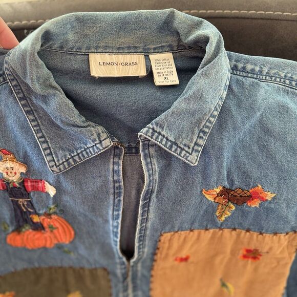 Vintage Cottagecore Fall Autumn Embroidered Patchwork Denim Jacket XL Pumpkin 90 - Picture 4 of 16